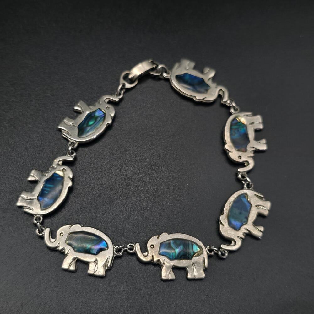 Abalone Paua Shell Elephant Bracelet Silver Tone Vintage Costume Jewelry